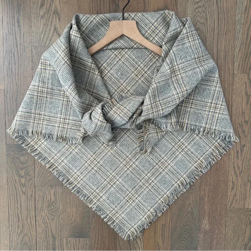 Eskandar Wool Oversized Plaid Fringed Scarf in Cream, Grey, Tan 47